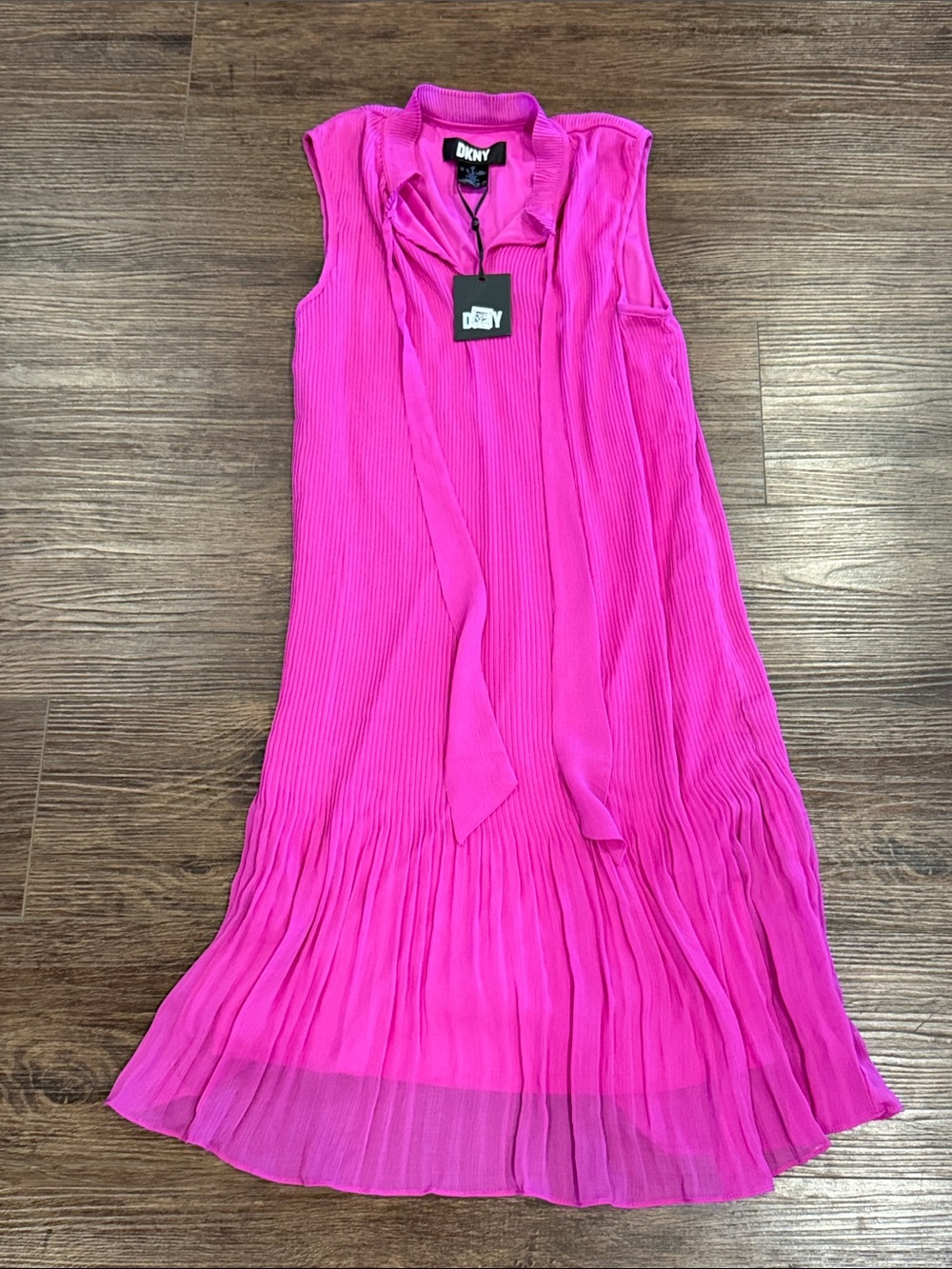 DKNY Bright Fuchsia Pleated Sleeveless Midi Dress with Neck Tie